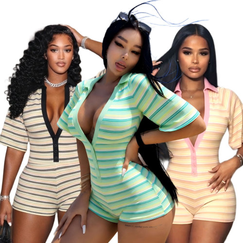 Striped pit threaded deep V-neck jumpsuit shorts