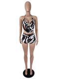 Hanging neck tie, backless swing collar top, shorts two-piece set