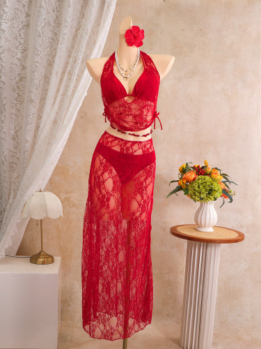 Hanging neck hollow lace three piece swimsuit set