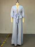 V-neck striped lace up shirt wide leg pants set