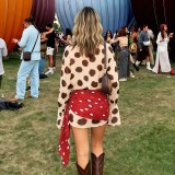 Polka print lapel horn long sleeved patchwork hip hugging skirt