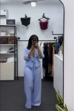 V-neck striped lace up shirt wide leg pants set