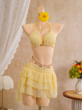 Hanging neck lace lace split three piece bikini set