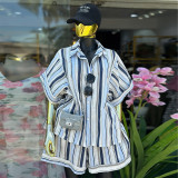 Striped collar short sleeved shirt, high waisted straight shorts two-piece set