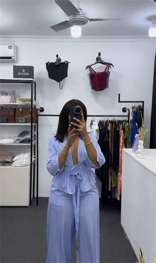 V-neck striped lace up shirt wide leg pants set