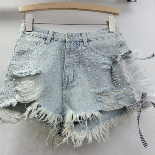 Heavy duty rhinestone lace denim shorts