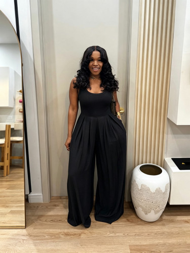 Wide leg chiffon high waisted jumpsuit with suspender and loose fitting jumpsuit