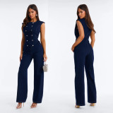 Elastic wash denim straight leg loose jumpsuit