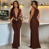 V-neck pleated metal accessory buckle ribbon style dress