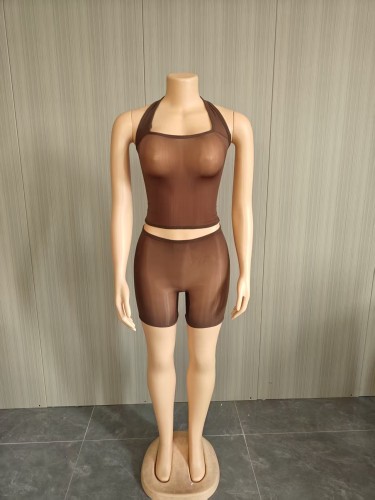 2-piece set of high elasticity bright hanging neck see through shorts