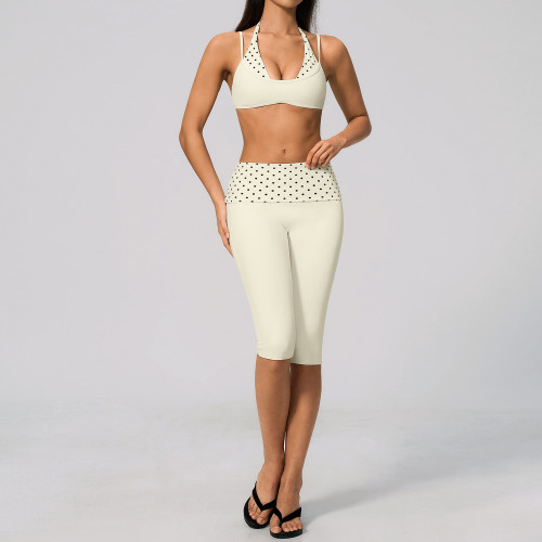 Hanging neck, shoulders, fake, two-piece folding waist, headband, polka dot sports suit