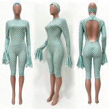 Polka dot print round neck ruffle edge back hollow out long sleeved jumpsuit