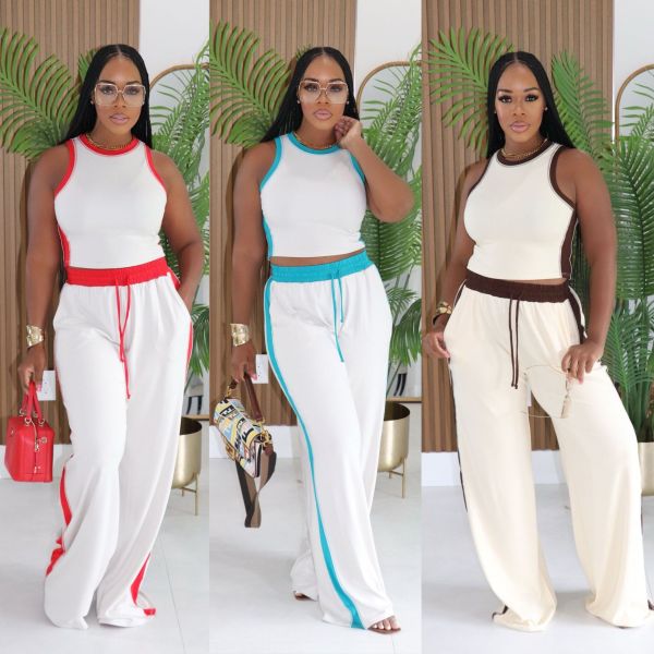 Two piece set of oversized contrasting sleeveless vest with side stripes and wide leg pants A7627
