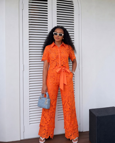 Heavy Industry Lace Hollow Short Sleeve Top Wide Leg Pants Two Piece Set