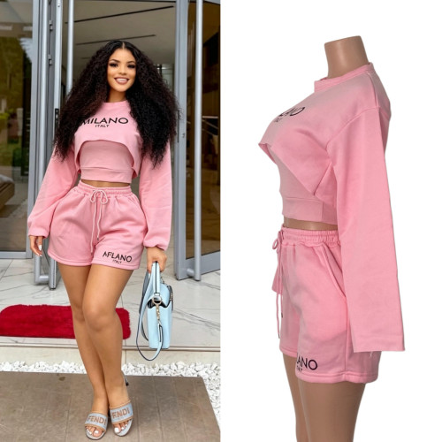 Large letter printed long sleeved cover shirt+inner vest+drawstring shorts three piece set S1076990631737