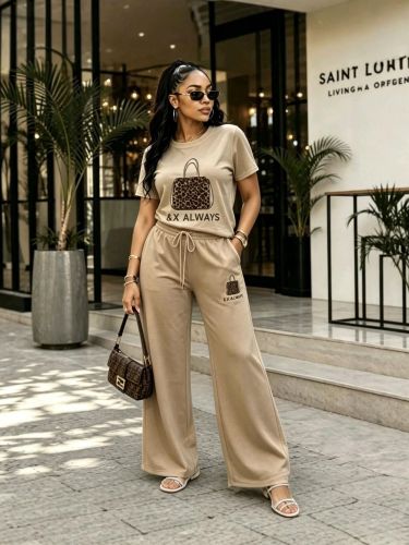 Diamond hot short sleeved wide leg pants two-piece set S1077577700836