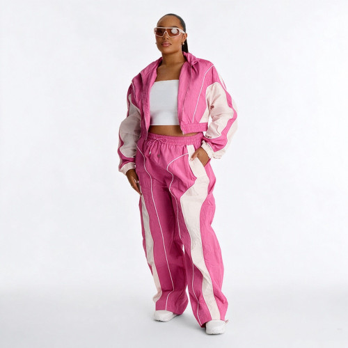 Color blocking splicing, zip up waist, zipper top, straight leg pants, pull rope two-piece set YS8022