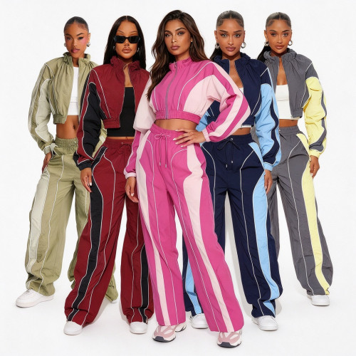 Color blocking splicing, zip up waist, zipper top, straight leg pants, pull rope two-piece set YS8022