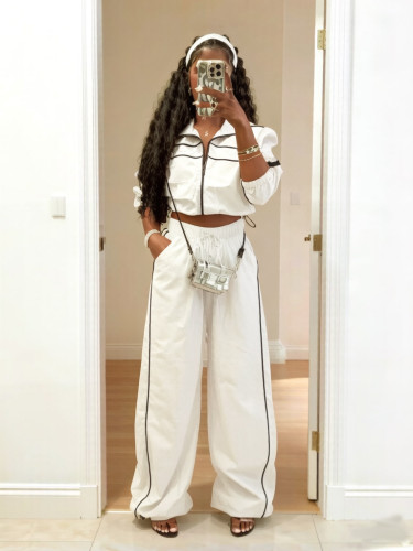 Zipper drawstring hem jacket jacket+pocket wide leg pants pants pants A713