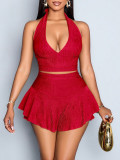 Neck collar short top+anti slip pants skirt two-piece set A213