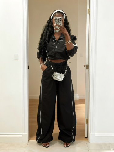 Zipper drawstring hem jacket jacket+pocket wide leg pants pants pants A713