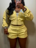 Rivet short hooded sweatshirt zipper exposed navel jacket drawstring shorts set FC1575