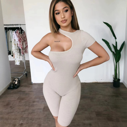 Single shoulder short sleeved soft high bounce fabric jumpsuit shorts FF1523