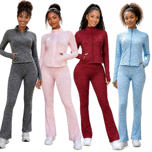 Stand collar jacquard high stretch fabric long sleeved pants with finger button two-piece set CM60727
