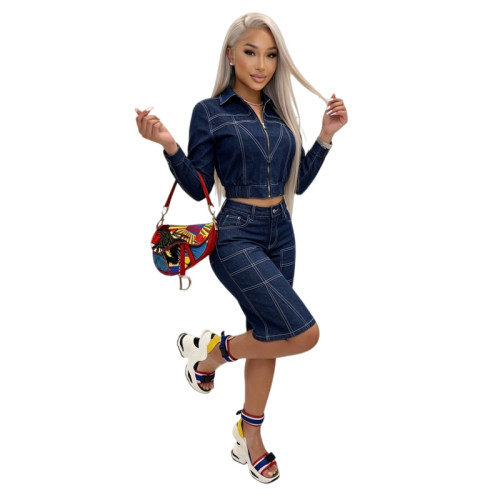 Denim long sleeved cropped elastic suit MZ88714