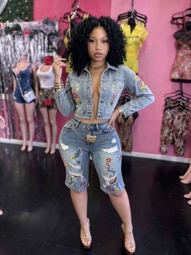 Elastic long sleeved cropped denim suit MZ88720