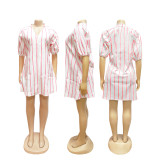V-neck bubble sleeve striped pocket loose short dress TW840