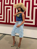 Worn and ripped fake two denim skirts and pants, seven quarter jeans S391453