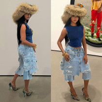 Worn and ripped fake two denim skirts and pants, seven quarter jeans S391453