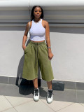 Loose wide leg pants with elastic drawstring waist and frayed hem, cropped pants S391515