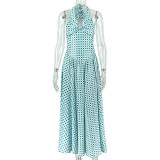 Color blocked A-line skirt hanging neck V-neck sleeveless plaid dress JD305785