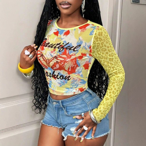Butterfly print mesh short top leopard print long sleeved see through crop top T-shirt S1068