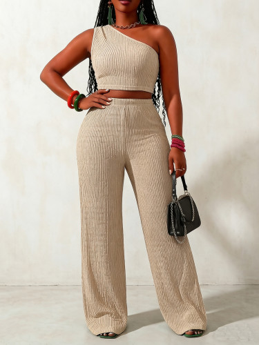One shoulder cropped short top+wide leg pants two-piece set A1041036132695