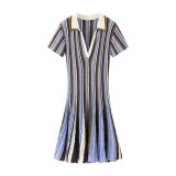 POLO collar knitted contrasting striped short sleeved dress A1045026591948