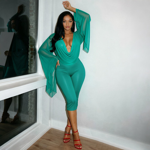 Deep V-neck, flesh blocking, irregular long sleeved set C26ST417