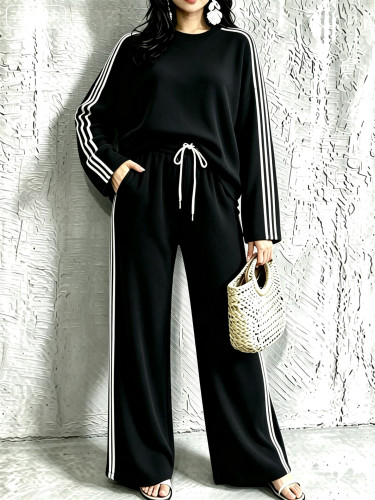 Loose patchwork round neck long sleeved top+patchwork wide leg pants two-piece set A1090686588747