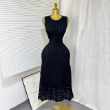 Knitted heavy industry nail bead round neck sleeveless dress A-line skirt A997694897349