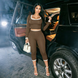 Color blocked lace trimmed U-neck long sleeved top with ribbed cropped pants set J26ST341