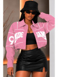 Letter embroidery zipper lapel drawstring exposed navel jacket jacket HR26109