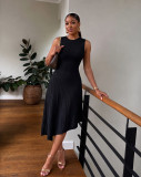 Sleeveless Knitted Dress with Slant Neck and Ice Cool Silk Irregular A-line Skirt A1056867791312