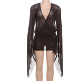 Deep V perspective backless strap wrapped hip skirt K24D61286