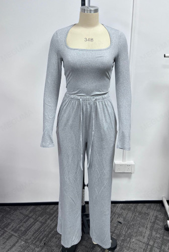 Square collar long sleeved short top and long pants set TFE8112-H
