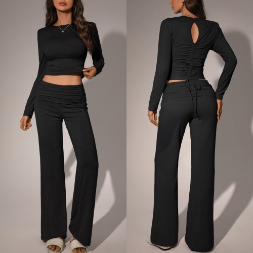 Two piece set of crop top and pants with exposed navel TFE8145-H