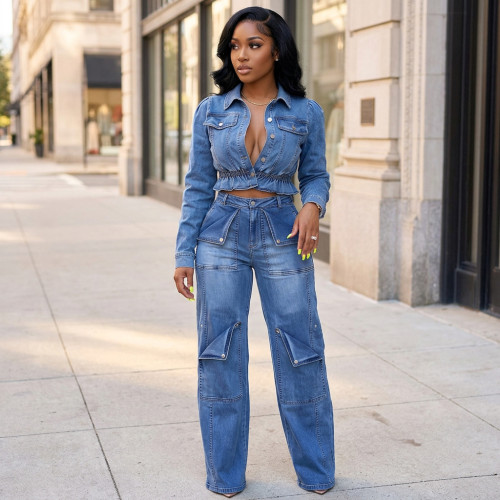 Micro elastic multi pocket wash denim suit CM61023