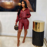 Leather jacket with hat, long sleeved jacket, shorts set AL338