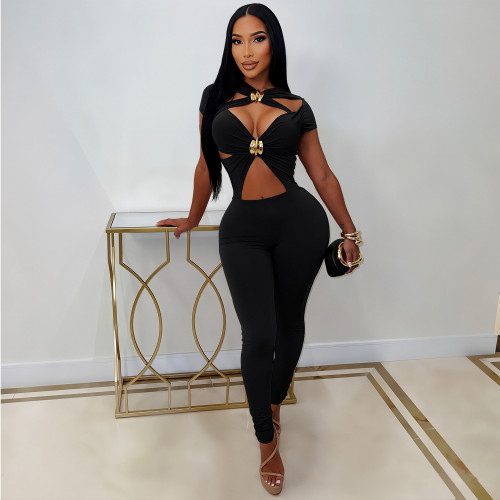 Hollow out short sleeved hip hugging jumpsuit C7845